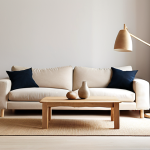 **A bright, spacious minimalist living room with neutral colors, natural wood furniture, and a single, modern designer lamp.** (Focus: simplicity, functionality, natural materials, a touch of modern design)