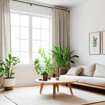**A bright, minimalist living room with white walls, natural wood furniture, linen curtains, and green plants in simple pots.** (Focuses on the core elements of minimalist style: neutral colors, natural materials, and subtle decor with plants)