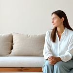 A tranquil woman in modest, comfortable, and fully clothed attire, seated peacefully on a soft linen-covered sofa in a spacious, minimalist living room. The room features a soothing palette of off-white and soft beige walls, with natural wood furniture providing warmth. Abundant natural light floods the uncluttered space, highlighting a simple, elegant ceramic vase on a smooth, clean surface. The overall atmosphere is serene and deeply calming, promoting mental well-being and a sense of lightness. This image embodies clarity and order, safe for work, appropriate content, family-friendly, perfect anatomy, correct proportions, natural pose, well-formed hands, proper finger count, natural body proportions, professional photography, high resolution.