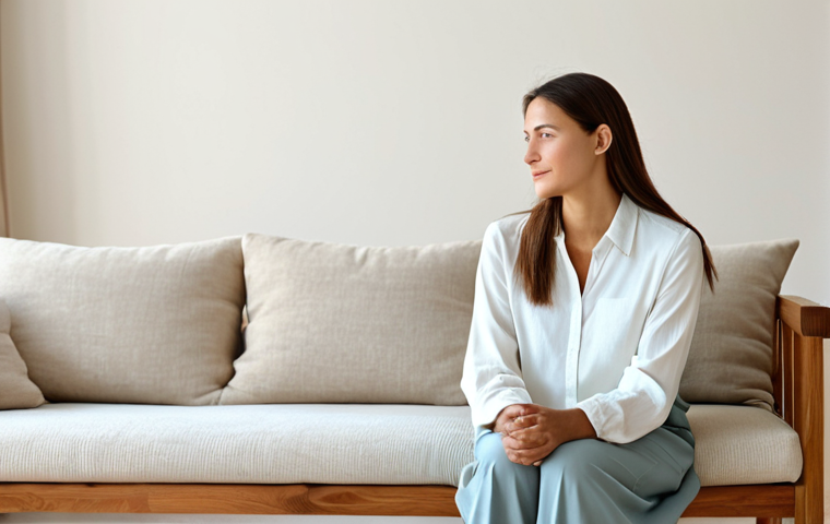 A tranquil woman in modest, comfortable, and fully clothed attire, seated peacefully on a soft linen-covered sofa in a spacious, minimalist living room. The room features a soothing palette of off-white and soft beige walls, with natural wood furniture providing warmth. Abundant natural light floods the uncluttered space, highlighting a simple, elegant ceramic vase on a smooth, clean surface. The overall atmosphere is serene and deeply calming, promoting mental well-being and a sense of lightness. This image embodies clarity and order, safe for work, appropriate content, family-friendly, perfect anatomy, correct proportions, natural pose, well-formed hands, proper finger count, natural body proportions, professional photography, high resolution.