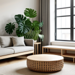 A serene and inviting minimalist living room, bathed in abundant natural light from a large window. The space features a muted color palette of warm beiges, soft grays, and natural greens. Dominant materials include light-colored wood for shelving and flooring, a comfortable linen sofa, and a soft wool throw blanket draped over it. A large, healthy Monstera plant in a simple ceramic pot adds a touch of vibrant life. Subtle, integrated smart lighting illuminates the room, creating a cozy ambiance. The overall impression is one of calm, order, and warmth, highlighting conscious design choices and the beauty of natural textures. Professional photography, high quality, sharp focus, safe for work, appropriate content, fully clothed, family-friendly.