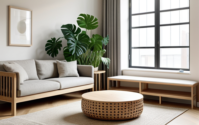 A serene and inviting minimalist living room, bathed in abundant natural light from a large window. The space features a muted color palette of warm beiges, soft grays, and natural greens. Dominant materials include light-colored wood for shelving and flooring, a comfortable linen sofa, and a soft wool throw blanket draped over it. A large, healthy Monstera plant in a simple ceramic pot adds a touch of vibrant life. Subtle, integrated smart lighting illuminates the room, creating a cozy ambiance. The overall impression is one of calm, order, and warmth, highlighting conscious design choices and the beauty of natural textures. Professional photography, high quality, sharp focus, safe for work, appropriate content, fully clothed, family-friendly.