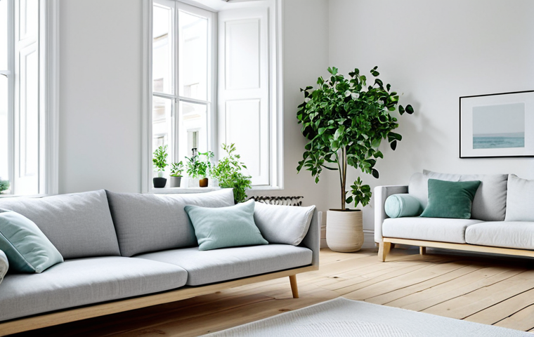 Scandinavian Simplicity**
"A bright and airy living room in a Scandinavian minimalist style, featuring white walls, light grey accents, pastel blue cushions, and delicate green plants. Light wood flooring and furniture. Fully clothed. Safe for work. Appropriate content. Perfect anatomy. Natural proportions. Professional photography. High quality. Modest."
**